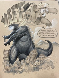 Size: 1536x2048 | Tagged: safe, artist:andypriceart, idw, applejack, earth pony, kaiju, pony, g4, andy you magnificent bastard, angry, blue oyster cult, destruction, godzilla, godzilla (series), gritted teeth, mismatched eyes, sketch, throwing, yeet