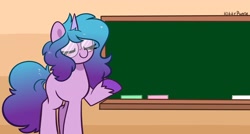 Size: 2048x1098 | Tagged: safe, alternate version, artist:kittyrosie, izzy moonbow, pony, unicorn, g5, chalkboard, cute, exploitable meme, eyes closed, female, glasses, izzybetes, mare, meme, meme template, smiling, solo, template