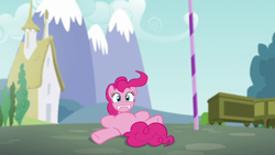 Size: 1280x720 | Tagged: safe, artist:luckreza8, screencap, pinkie pie, earth pony, pony, g4, season 5, the one where pinkie pie knows, belly, featureless crotch, female, frown, gritted teeth, lying down, mare, reaction image, solo, tripping, wavy mouth