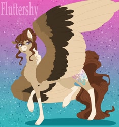 Size: 2228x2384 | Tagged: safe, artist:inisealga, fluttershy, pegasus, pony, g4, abstract background, alternate design, chest fluff, coat markings, female, fluffy, gradient background, high res, mare, markings, neck fluff, redesign, socks (coat markings), solo, spread wings, wing fluff, wings