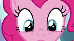 Size: 1280x720 | Tagged: safe, screencap, pinkie pie, earth pony, pony, g4, season 5, the one where pinkie pie knows, animated, belly, bipedal, breaking the fourth wall, close-up, featureless crotch, female, frown, gif, gritted teeth, lying down, mare, reaction image, solo, talking, tripping, walking away, wavy mouth
