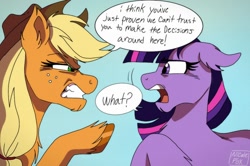 Size: 1254x832 | Tagged: safe, artist:nicalefox, idw, applejack, twilight sparkle, friendship is magic #2, g4, my little pony: friendship is magic (idw), the return of queen chrysalis, spoiler:comic, applejack is not amused, gritted teeth, redraw, signature, text box, unamused