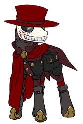 Size: 800x1200 | Tagged: safe, artist:multiverseequine, derpibooru exclusive, oc, oc only, oc:mortis grin, pony, unicorn, badge, bag, blood, blood stains, boots, cape, clothes, coat, colored, daybreak island, full body, goggles, hat, hidden horn, horn, male, mask, order of the arrow, saddle bag, shoes, simple background, smiling, solo, stallion, top hat, transparent background, unicorn oc