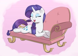 Size: 3212x2316 | Tagged: safe, artist:heretichesh, rarity, pony, unicorn, g4, crossed hooves, cute, eyes closed, fainting couch, female, high res, lying down, mare, open mouth, open smile, prone, raribetes, smiling, solo, sploot, underhoof