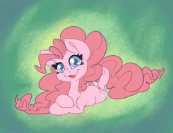 Size: 2475x1913 | Tagged: safe, artist:leadhooves, pinkie pie, earth pony, pony, g4, abstract background, female, frog (hoof), looking at you, lying down, mare, open mouth, open smile, prone, smiling, solo, underhoof