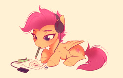 Size: 1943x1242 | Tagged: safe, artist:imalou, scootaloo, pegasus, pony, g4, drawing, eraser, female, filly, folded wings, headphones, lying down, mouth hold, mp3 player, pencil, pencil in mouth, prone, simple background, solo, the cmc's cutie marks, wings
