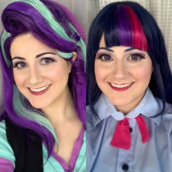 Size: 2289x2289 | Tagged: safe, artist:sarahndipity cosplay, starlight glimmer, twilight sparkle, human, equestria girls, equestria girls specials, g4, my little pony equestria girls: mirror magic, clothes, cosplay, costume, eyeshadow, high res, irl, irl human, makeup, photo