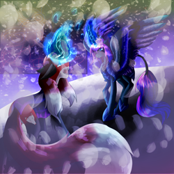 Size: 5800x5800 | Tagged: safe, artist:florarena-kitasatina/dragonborne fox, oc, oc only, oc:foxfire, alicorn, pony, absurd file size, absurd resolution, alicorn oc, armor, blizzard, colored wings, duo, fire, horn, leonine tail, multicolored wings, red and black oc, shading, signature, snow, snowfall, spread wings, this will end in pain, watermark, wings