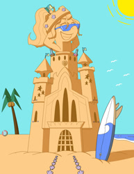 Size: 1024x1326 | Tagged: safe, artist:sergeant16bit, sandbar, elemental, g4, arm behind head, beach, beach ball, bottle, crown, grin, jewelry, potion, regalia, rule 63, sand pony, sandbank, sandcastle, seashell, smiling, sunglasses, surfboard, transformation, transgender transformation, water