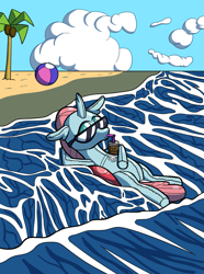 Size: 953x1280 | Tagged: safe, artist:sergeant16bit, ocellus, changedling, changeling, inflatable pony, g4, air nozzle, beach, beach ball, drinking straw, floating, inflatable, lying down, on back, palm tree, pool toy, potion, sunglasses, transformation, tree