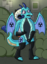 Size: 953x1280 | Tagged: safe, artist:sergeant16bit, princess ember, dragon, g4, biohazard, clothes, cloud, dragoness, female, gloves, hazmat suit, inanimate tf, living suit, open clothes, open mouth, radioactive, transformation, zipper