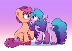 Size: 6800x4900 | Tagged: safe, artist:kittyrosie, izzy moonbow, sunny starscout, earth pony, pony, unicorn, g5, my little pony: a new generation, absurd resolution, blushing, boop, bracelet, cute, duo, female, gradient background, izzybetes, jewelry, lesbian, mare, noseboop, open mouth, ship:moonscout, shipping, sunnybetes