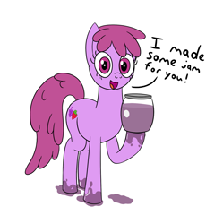 Size: 1799x1809 | Tagged: safe, artist:librarylonging, berry punch, berryshine, earth pony, pony, g4, food, grapes, jam, jar, looking at you, simple background, solo, text, white background, wine jam