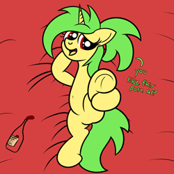 Size: 2000x2000 | Tagged: safe, artist:dafiltafish, oc, oc only, oc:piña, pony, unicorn, alcohol, bed, belly button, bottle, dialogue, featureless crotch, female, high res, horn, looking at you, lying down, mare, on bed, on side, open mouth, red eyes, solo, talking to viewer, underhoof, unicorn oc, wine
