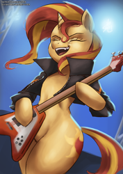 Size: 1754x2480 | Tagged: safe, artist:nire, idw, sunset shimmer, pony, unicorn, g4, spoiler:comic, spoiler:comic79, bipedal, bottomless, clothes, concert, cutie mark, electric guitar, eyes closed, female, guitar, heavy metal, jacket, leather jacket, mare, musical instrument, open mouth, open smile, partial nudity, playing guitar, rock (music), smiling, stage, sunset shredder
