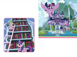 Size: 1600x1200 | Tagged: safe, spike, twilight sparkle, alicorn, dragon, pony, unicorn, g4, my little pony: welcome to ponyville, official, book, bookshelf, female, flying, ladder, male, mare, school of friendship, twilight sparkle (alicorn), twolight, unicorn twilight
