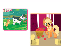 Size: 1600x1200 | Tagged: safe, applejack, winona, cow, dog, earth pony, pony, g4, my little pony: welcome to ponyville, official, apple, applejack's hat, book, cowboy hat, female, food, hat, hay, mare, rope, sweet apple acres, udder