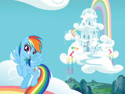 Size: 1600x1200 | Tagged: safe, rainbow dash, pegasus, pony, g4, my little pony: welcome to ponyville, official, book, cloud, female, mare, rainbow, rainbow dash's house, rainbow waterfall