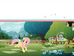 Size: 1600x1200 | Tagged: safe, angel bunny, fluttershy, pegasus, pony, rabbit, g4, my little pony: welcome to ponyville, official, animal, book, female, flower, fluttershy's cottage, mare, tree