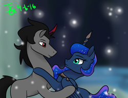 Size: 1300x1000 | Tagged: safe, artist:joan-grace, king sombra, princess luna, alicorn, firefly (insect), insect, pony, unicorn, g4, collar, ethereal mane, female, horn, hug, magic suppression, male, mare, ship:lumbra, shipping, signature, slave, smiling, stallion, starry mane, stockholm syndrome, story included, straight, wings