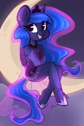 Size: 1200x1800 | Tagged: safe, artist:sakukitty, princess luna, alicorn, anthro, unguligrade anthro, g4, clothes, crescent moon, crown, cute, dress, ear piercing, earring, ethereal mane, ethereal tail, female, happy, jewelry, lunabetes, moon, open mouth, piercing, regalia, see-through, smiling, solo, tangible heavenly object