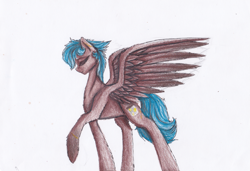 Size: 1297x886 | Tagged: safe, artist:penrosa, oc, oc only, pegasus, pony, eyes closed, pegasus oc, raised hoof, simple background, solo, traditional art, white background, wings