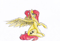 Size: 1250x865 | Tagged: safe, artist:penrosa, oc, oc only, pegasus, pony, grin, pegasus oc, raised hoof, smiling, solo, traditional art, wings