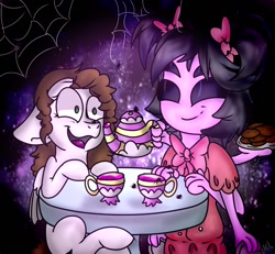 Size: 1300x1200 | Tagged: safe, artist:milledpurple, oc, pegasus, pony, spider, anthro, anthro with ponies, bow, clothes, cookie, crossover, female, food, hair bow, mare, muffet, pegasus oc, smiling, spider web, teap, teapot, undertale, wings