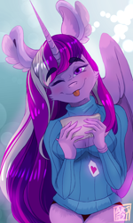 Size: 1500x2500 | Tagged: safe, artist:artfestation, princess cadance, alicorn, anthro, g4, :p, clothes, ear fluff, female, one eye closed, smiling, solo, tongue out, wink