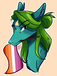 Size: 1536x2048 | Tagged: safe, artist:artfestation, oc, oc only, earth pony, pony, bust, ear fluff, earth pony oc, lesbian pride flag, mouth hold, orange background, pride, pride flag, signature, simple background, solo