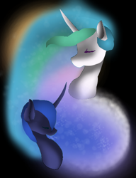 Size: 360x468 | Tagged: safe, artist:aonairfaol, princess celestia, princess luna, alicorn, pony, g4, black background, bust, duo, ethereal mane, eyes closed, horn, simple background