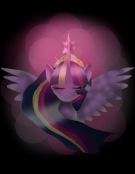 Size: 360x462 | Tagged: safe, artist:aonairfaol, twilight sparkle, alicorn, pony, g4, abstract background, big crown thingy, bust, element of magic, eyes closed, female, horn, jewelry, mare, regalia, solo, spread wings, twilight sparkle (alicorn), wings