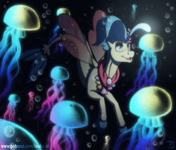 Size: 1304x1112 | Tagged: safe, artist:inuhoshi-to-darkpen, princess skystar, jellyfish, seapony (g4), g4, my little pony: the movie, bioluminescent, black background, blue eyes, blue mane, bubble, dorsal fin, female, fin wings, fins, fish tail, flower, flower in hair, flowing tail, freckles, glowing, jewelry, monochrome, necklace, ocean, open mouth, pearl necklace, seashell, seashell necklace, simple background, smiling, swimming, tail, underwater, water, wings