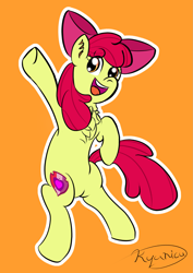 Size: 1415x2000 | Tagged: safe, artist:kyanicu, apple bloom, earth pony, pony, g4, bipedal, chest fluff, ear fluff, female, filly, open mouth, open smile, smiling, solo, waving