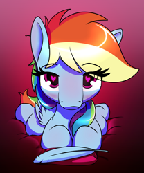 Size: 800x960 | Tagged: safe, artist:dacaoo, rainbow dash, pegasus, pony, g4, blushing, eye clipping through hair, eyebrows, eyebrows visible through hair, feather, heart eyes, heartfeather, looking at you, lying down, prone, solo, wingding eyes