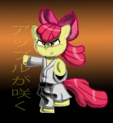 Size: 893x971 | Tagged: safe, artist:pixeldisc, apple bloom, earth pony, pony, call of the cutie, g4, bipedal, clothes, female, filly, karate, solo