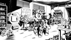 Size: 4256x2364 | Tagged: safe, artist:lexx2dot0, snips, oc, oc:blackjack, cyborg, pony, unicorn, fallout equestria, fallout equestria: project horizons, series:ph together we reread, g4, amputee, black and white, clothes, cybernetic legs, fanfic art, grayscale, horn, monochrome, pipbuck, small horn