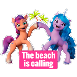 Size: 512x512 | Tagged: safe, izzy moonbow, sunny starscout, earth pony, pony, unicorn, g5, my little pony: a new generation, official, dairy queen, duo, female, mare, palm tree, sticker, text, tree