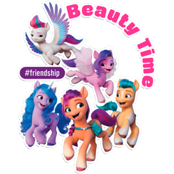 Size: 512x512 | Tagged: safe, hitch trailblazer, izzy moonbow, pipp petals, sunny starscout, zipp storm, earth pony, pegasus, pony, unicorn, g5, my little pony: a new generation, official, dairy queen, hashtag, mane five, palindrome get, simple background, sticker, stock render, text, transparent background