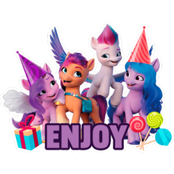 Size: 512x512 | Tagged: safe, izzy moonbow, pipp petals, sunny starscout, zipp storm, earth pony, pegasus, pony, unicorn, g5, my little pony: a new generation, official, candy, dairy queen, female, food, hat, lollipop, mare, party hat, present, simple background, sticker, stock render, text, transparent background