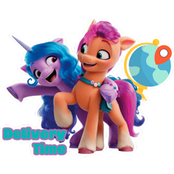 Size: 512x512 | Tagged: safe, izzy moonbow, sunny starscout, earth pony, pony, unicorn, g5, my little pony: a new generation, official, dairy queen, female, mare, simple background, sticker, stock render, text, transparent background