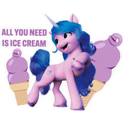 Size: 512x512 | Tagged: safe, izzy moonbow, pony, unicorn, g5, my little pony: a new generation, official, dairy queen, female, food, ice cream, mare, simple background, solo, sticker, stock render, text, transparent background