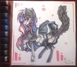 Size: 959x833 | Tagged: safe, artist:tay-niko-yanuciq, oc, oc only, oc:winter eclipse, pony, unicorn, cat tail, clothes, fluffy, long hair, maid, maid headdress, solo, stockings, thigh highs, traditional art