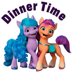 Size: 512x512 | Tagged: safe, izzy moonbow, sunny starscout, earth pony, pony, unicorn, g5, my little pony: a new generation, official, dairy queen, duo, female, mare, simple background, sticker, stock render, text, transparent background