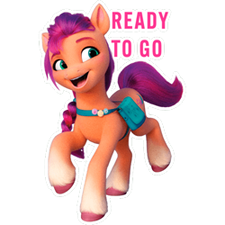 Size: 512x512 | Tagged: safe, sunny starscout, earth pony, pony, g5, my little pony: a new generation, official, badge, bag, dairy queen, female, mare, satchel, simple background, solo, sticker, stock render, text, transparent background
