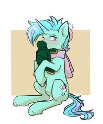 Size: 2500x3000 | Tagged: safe, artist:rover, artist:rrrover, oc, oc only, pony, turtle, unicorn, abstract background, blushing, clothes, cozy, cute, hat, high res, hug, plushie, scarf, solo
