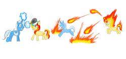 Size: 1024x482 | Tagged: safe, artist:horsesplease, sunset shimmer, trixie, fire pony, pony, unicorn, g4, angry, bonk, chase, duo, duo female, female, fiery shimmer, fire, fireball, frying pan, laughing, magic, mane of fire, running, schadenfreude, sunset shimmer is not amused, unamused, walking campfire