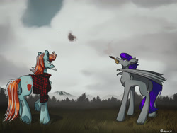 Size: 4000x3000 | Tagged: safe, artist:rover, artist:rrrover, bat pony, earth pony, pegasus, pony, cloud, cloudy, field, fully shaded, gun, mountain, weapon