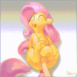Size: 360x360 | Tagged: safe, alternate version, artist:719418052, artist:bluedrg19, fluttershy, pegasus, pony, g4, animated, bellyrubs, cute, dock, eyes closed, gif, lying down, misleading thumbnail, on back, open mouth, open smile, shyabetes, smiling, underhoof