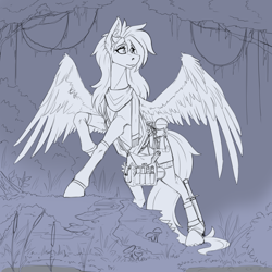 Size: 2000x2000 | Tagged: safe, artist:twotail813, fluttershy, pegasus, pony, g4, alchemist, clothes, female, high res, hooves, knife, mare, scarf, sketch, socks, solo, swamp, weapon, wings
